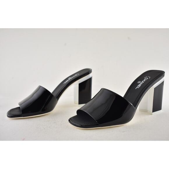Chanel 22C Black Patent Calf White CC Logo Mule Slide Block Heel Sandal 36.5 - Picture 9 of 12
